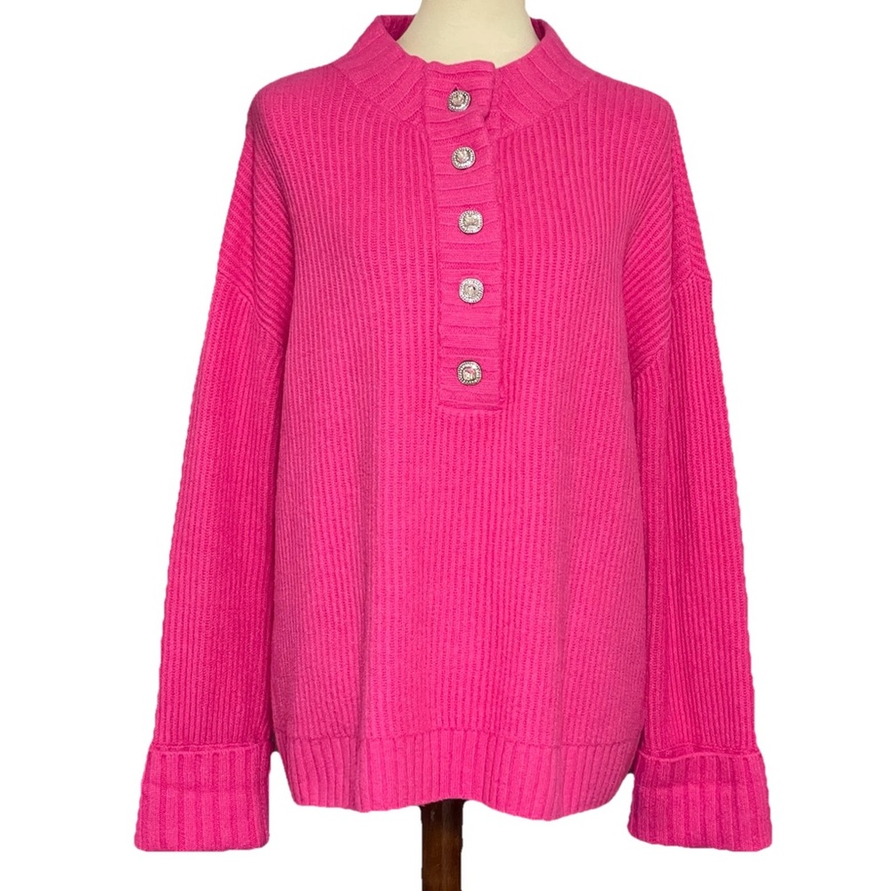 Talbots Luxe Jewel Button Ribbed Henley Sweater Pink Knit Size XL